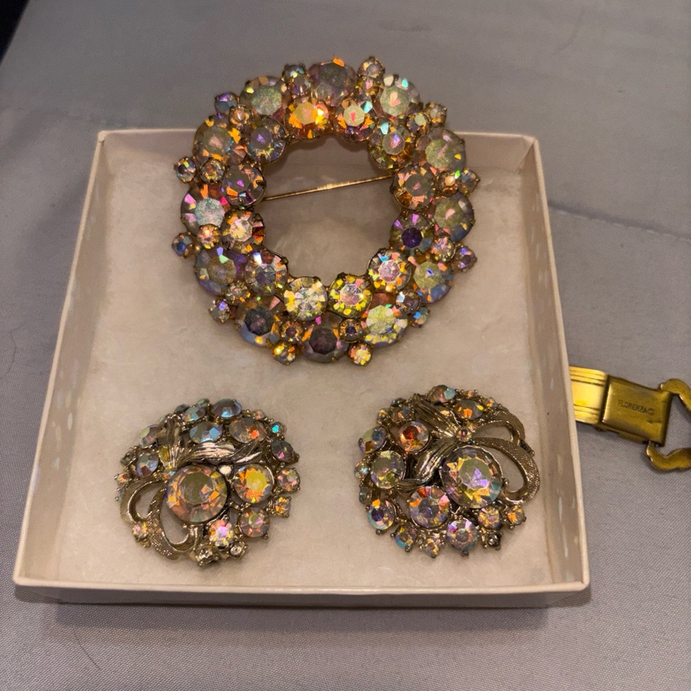 Elegant Gold and Silver Crystal Brooch and Earring Set